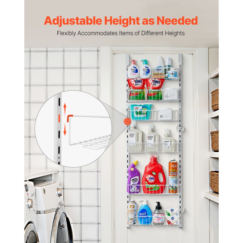 VEVOR Over the Door Pantry Organizer, 6-Tier Pantry Organization and Storage, Heavy-Duty Steel Hanging Spice Rack, Adjustable Wall Seasoning Shelves, for Home Kitchen Laundry Room Bathroom, White