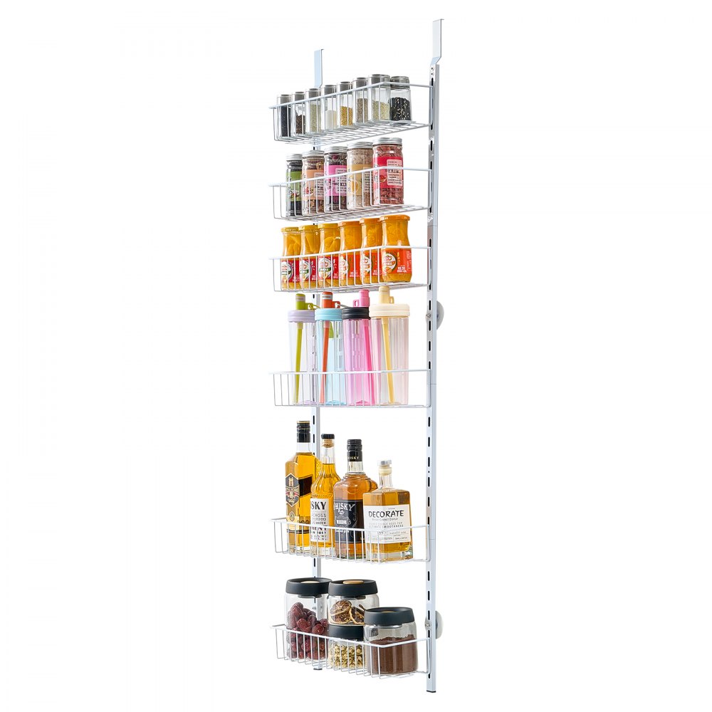 VEVOR Over the Door Pantry Organizer, 6-Tier Pantry Organization and Storage, Heavy-Duty Steel Hanging Spice Rack, Adjustable Wall Seasoning Shelves, for Home Kitchen Laundry Room Bathroom, White
