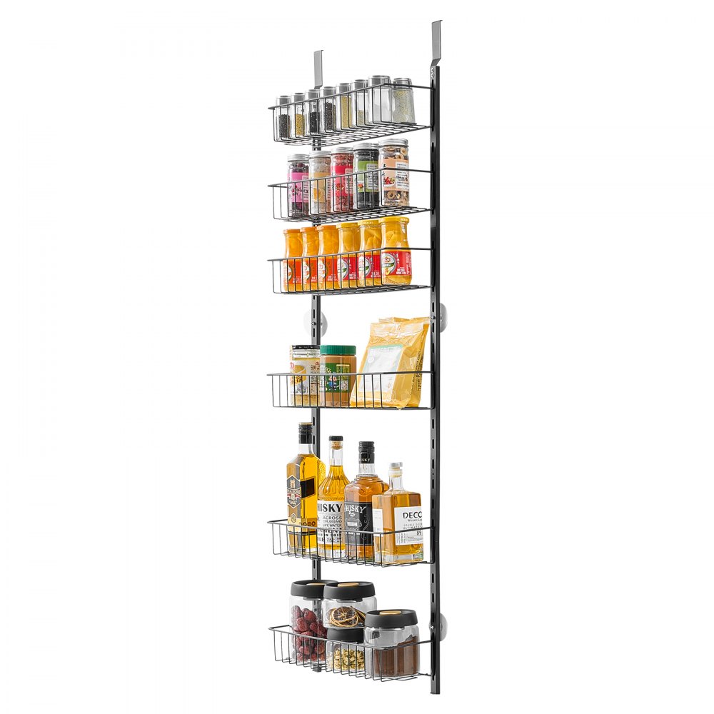 VEVOR Over the Door Pantry Organizer, 6-Tier Pantry Organization and Storage, Heavy-Duty Steel Hanging Spice Rack, Adjustable Wall Seasoning Shelves, for Home Kitchen Laundry Room Bathroom, Black
