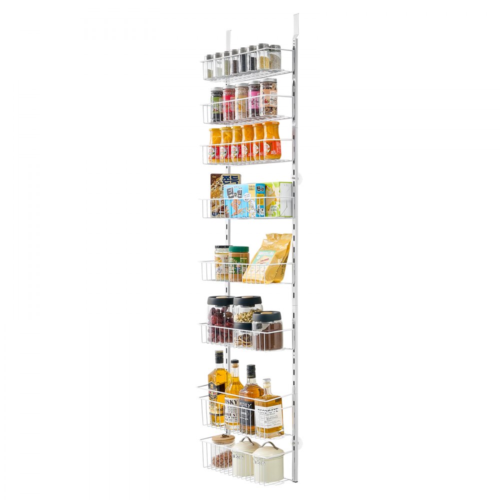 VEVOR Over the Door Pantry Organizer, 8-Tier Pantry Organization and Storage, Heavy-Duty Steel Hanging Spice Rack, Adjustable Wall Seasoning Shelves, for Home Kitchen Laundry Room Bathroom, White