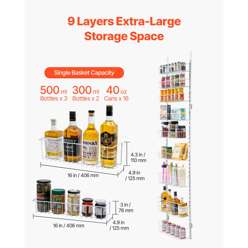 VEVOR Over the Door Pantry Organizer, 9-Tier Pantry Organization and Storage, Heavy-Duty Steel Hanging Spice Rack, Adjustable Wall Seasoning Shelves, for Home Kitchen Laundry Room Bathroom, White