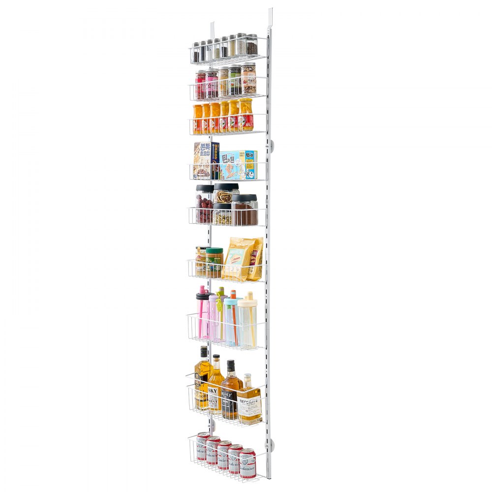 VEVOR Over the Door Pantry Organizer, 9-Tier Pantry Organization and Storage, Heavy-Duty Steel Hanging Spice Rack, Adjustable Wall Seasoning Shelves, for Home Kitchen Laundry Room Bathroom, White