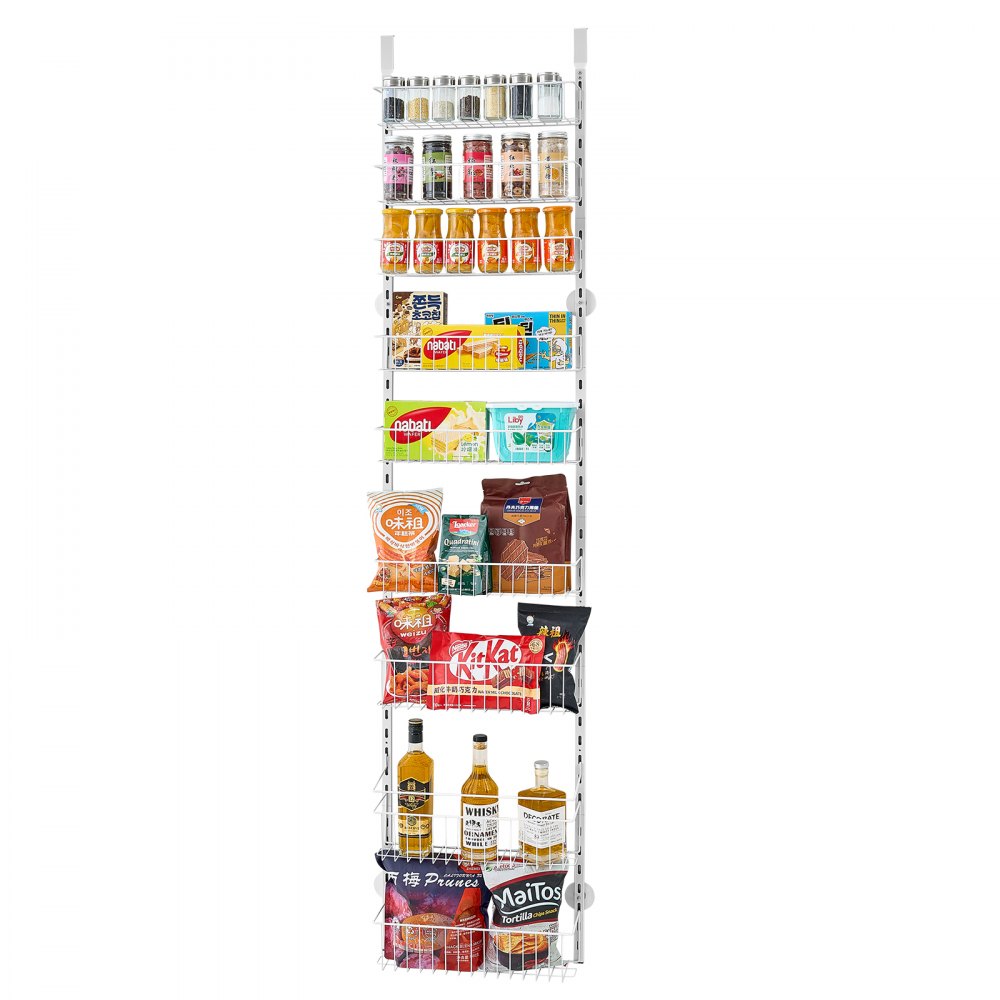 VEVOR Over the Door Pantry Organizer, 9-Tier Pantry Organization and Storage, Heavy-Duty Steel Hanging Spice Rack, Adjustable Wall Seasoning Shelves, for Home Kitchen Laundry Room Bathroom, White