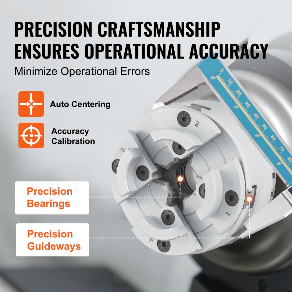 VEVOR lathe chuck with precision bearings, guideways, auto centering, and accuracy calibration.