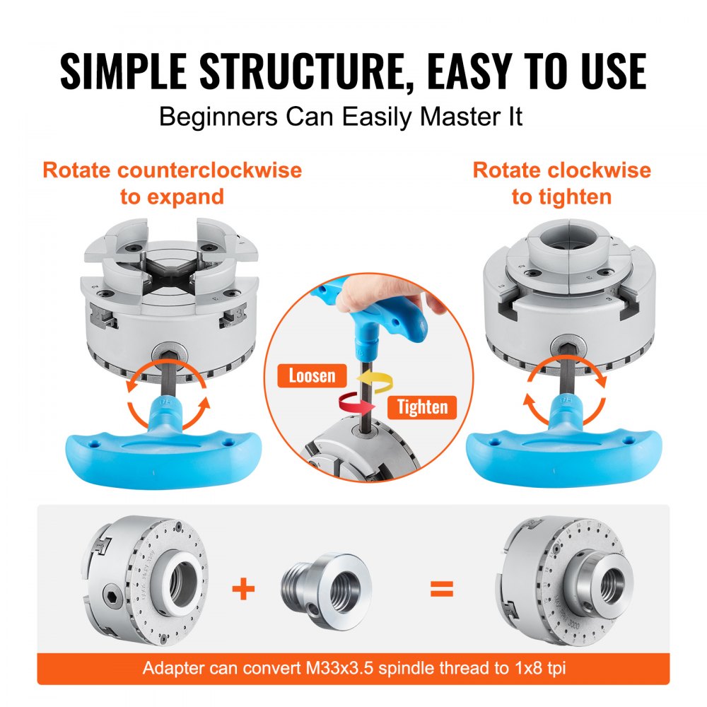 VEVOR lathe chuck with easy rotation instructions for tightening and loosening, plus an adapter.