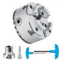 VEVOR lathe chuck with accessories including a mounting adapter, screw, and blue t-handle wrench.