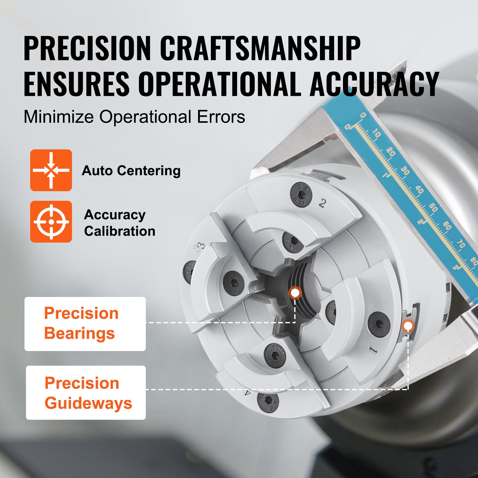 VEVOR lathe chuck with precision bearings, guideways, auto centering, and accuracy calibration.