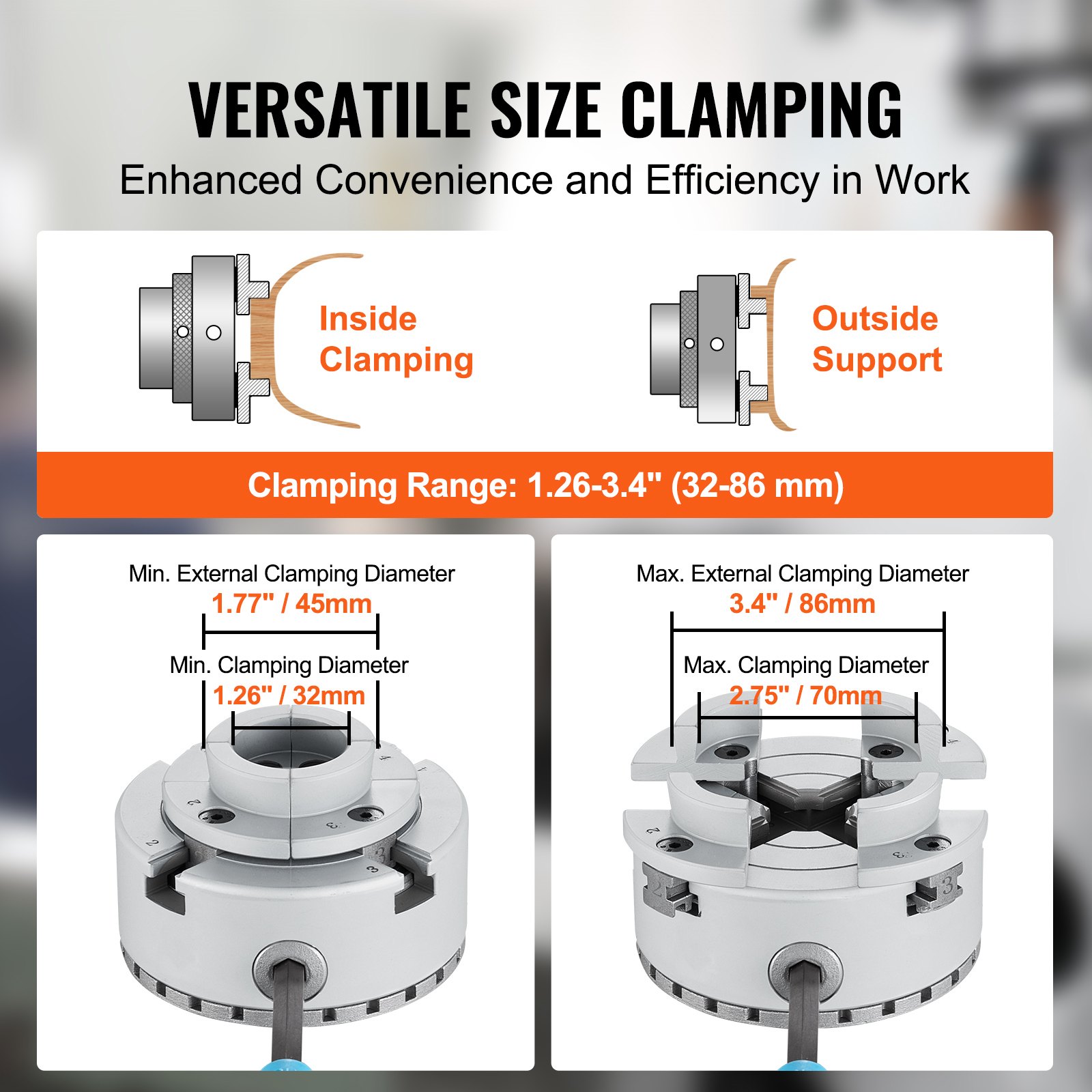 VEVOR lathe chuck clamping range 1.26-3.4 inches, inside/outside clamping details, efficiency in work.