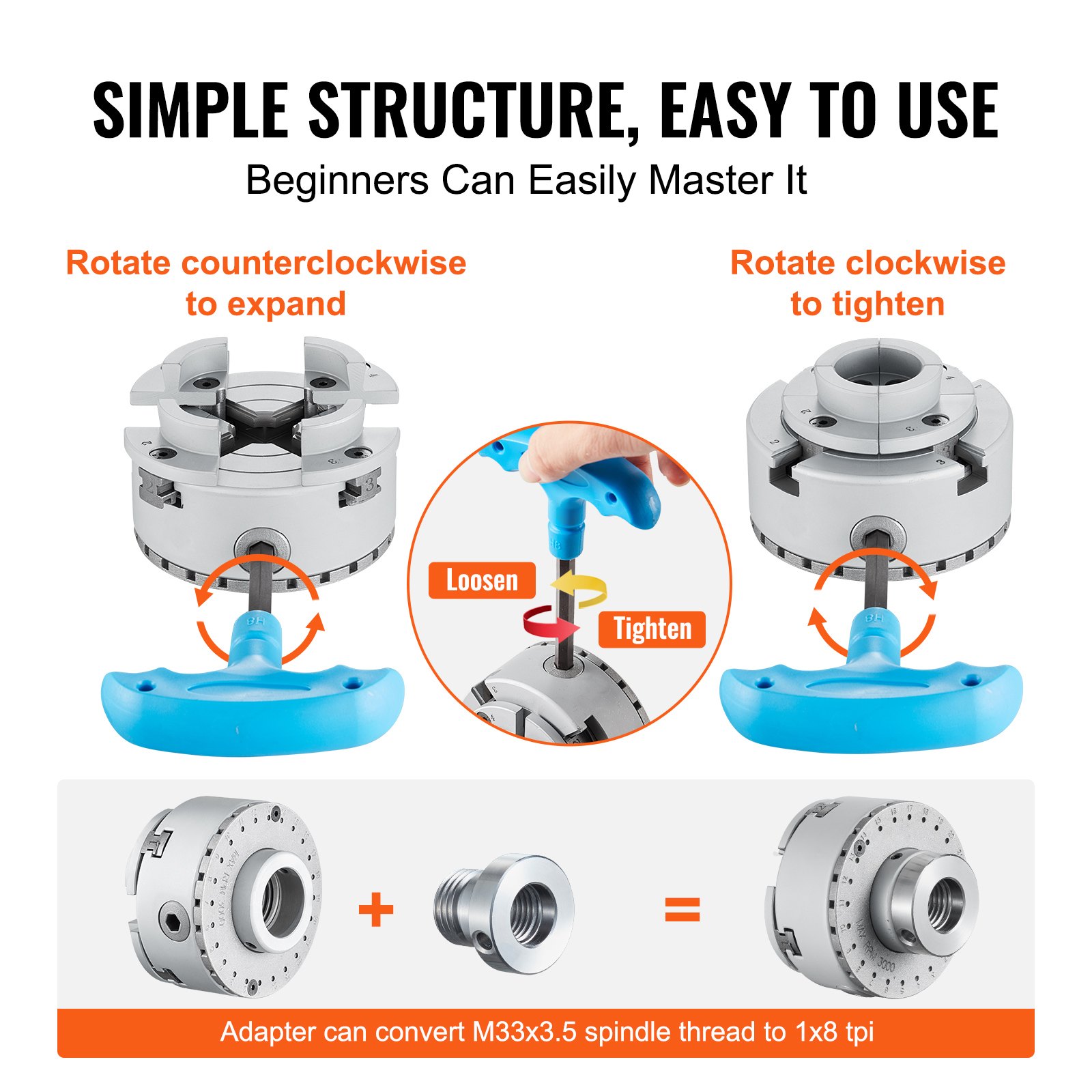 VEVOR lathe chuck with easy rotation instructions for tightening and loosening, plus an adapter.