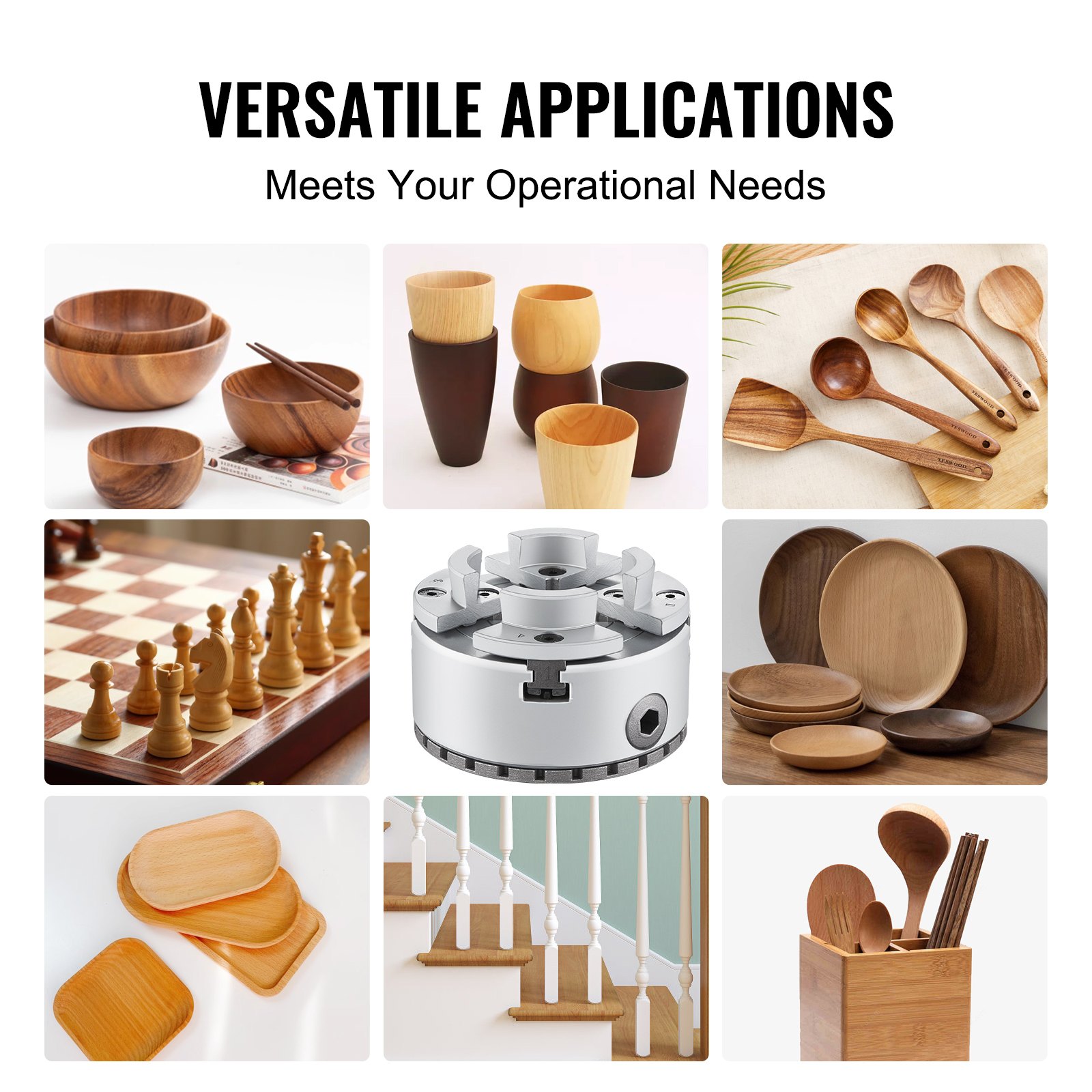 VEVOR lathe chuck with versatile applications including bowls, cups, spoons, chess pieces, and plates.