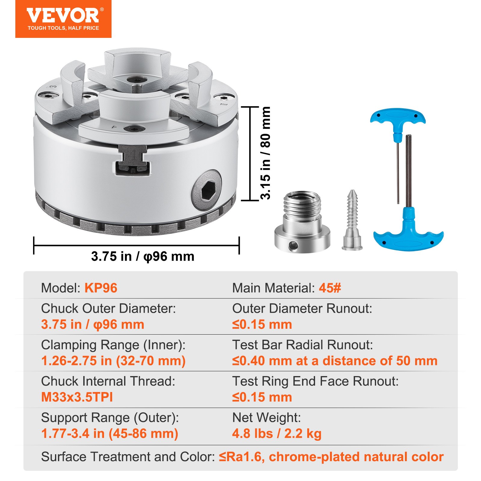 VEVOR lathe chuck kp96, 3.75in diameter, 32-70mm clamping range, includes key and accessories.