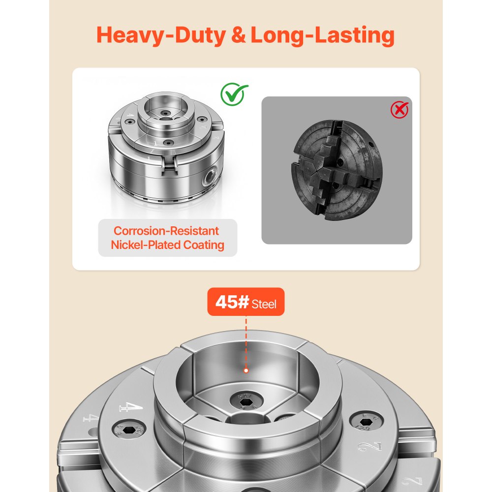 VEVOR 4 Inch Wood Lathe Chuck, 4-Jaw, Self-Centering Wood Turning Chuck Set with 1" x 8TPI Thread & Adapter, Round Jaws, Step Jaws, Thickened Nickel-Plated, High-Hardness Steel, for Woodworking Lathe