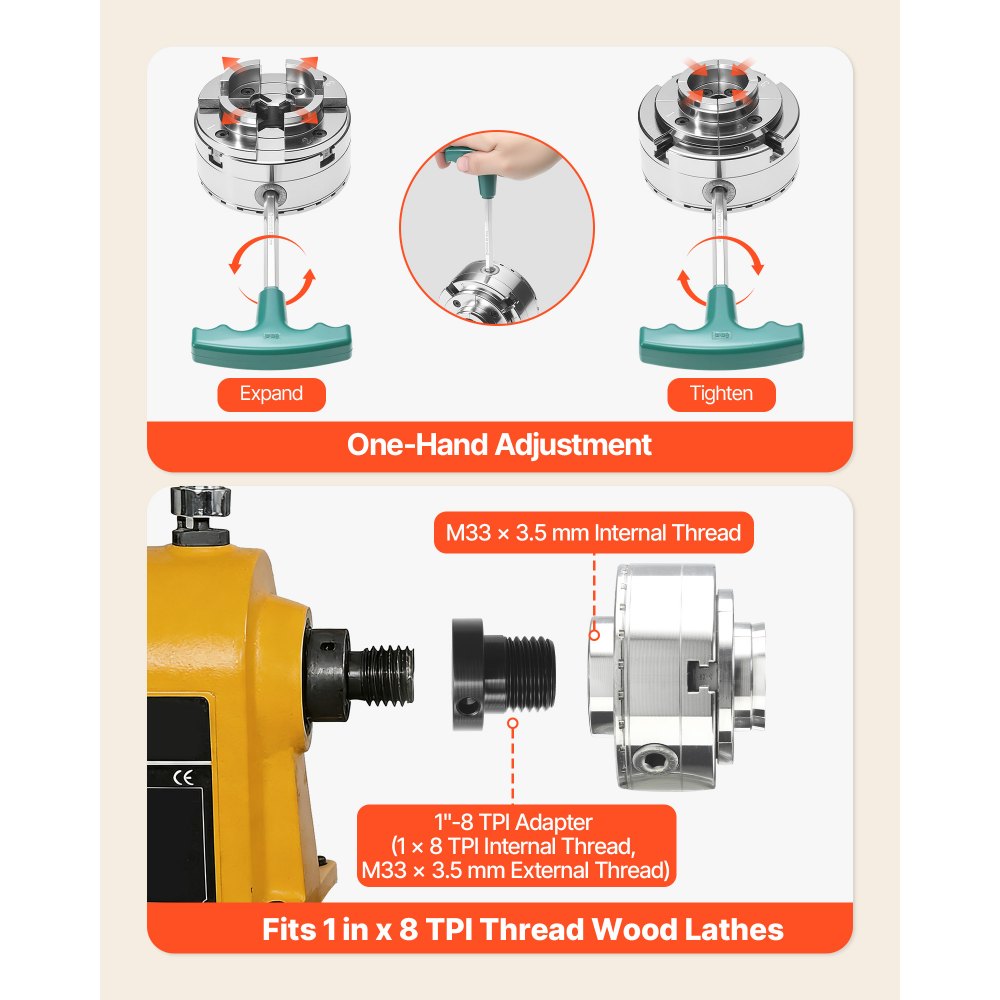 VEVOR 4 Inch Wood Lathe Chuck, 4-Jaw, Self-Centering Wood Turning Chuck Set with 1" x 8TPI Thread & Adapter, Round Jaws, Step Jaws, Thickened Nickel-Plated, High-Hardness Steel, for Woodworking Lathe