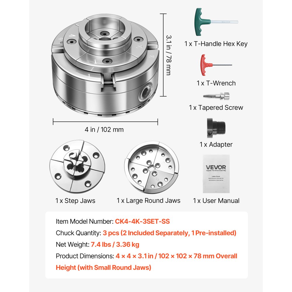 VEVOR 4 Inch Wood Lathe Chuck, 4-Jaw, Self-Centering Wood Turning Chuck Set with 1" x 8TPI Thread & Adapter, Round Jaws, Step Jaws, Thickened Nickel-Plated, High-Hardness Steel, for Woodworking Lathe