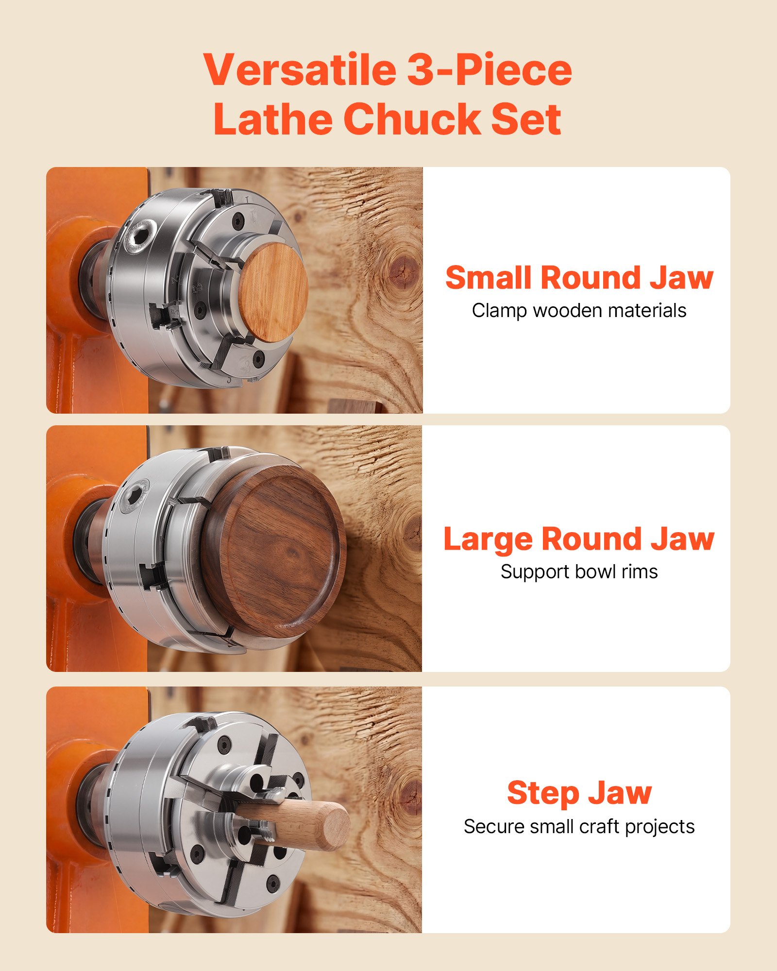 VEVOR 4 Inch Wood Lathe Chuck, 4-Jaw, Self-Centering Wood Turning Chuck Set with 1" x 8TPI Thread & Adapter, Round Jaws, Step Jaws, Thickened Nickel-Plated, High-Hardness Steel, for Woodworking Lathe