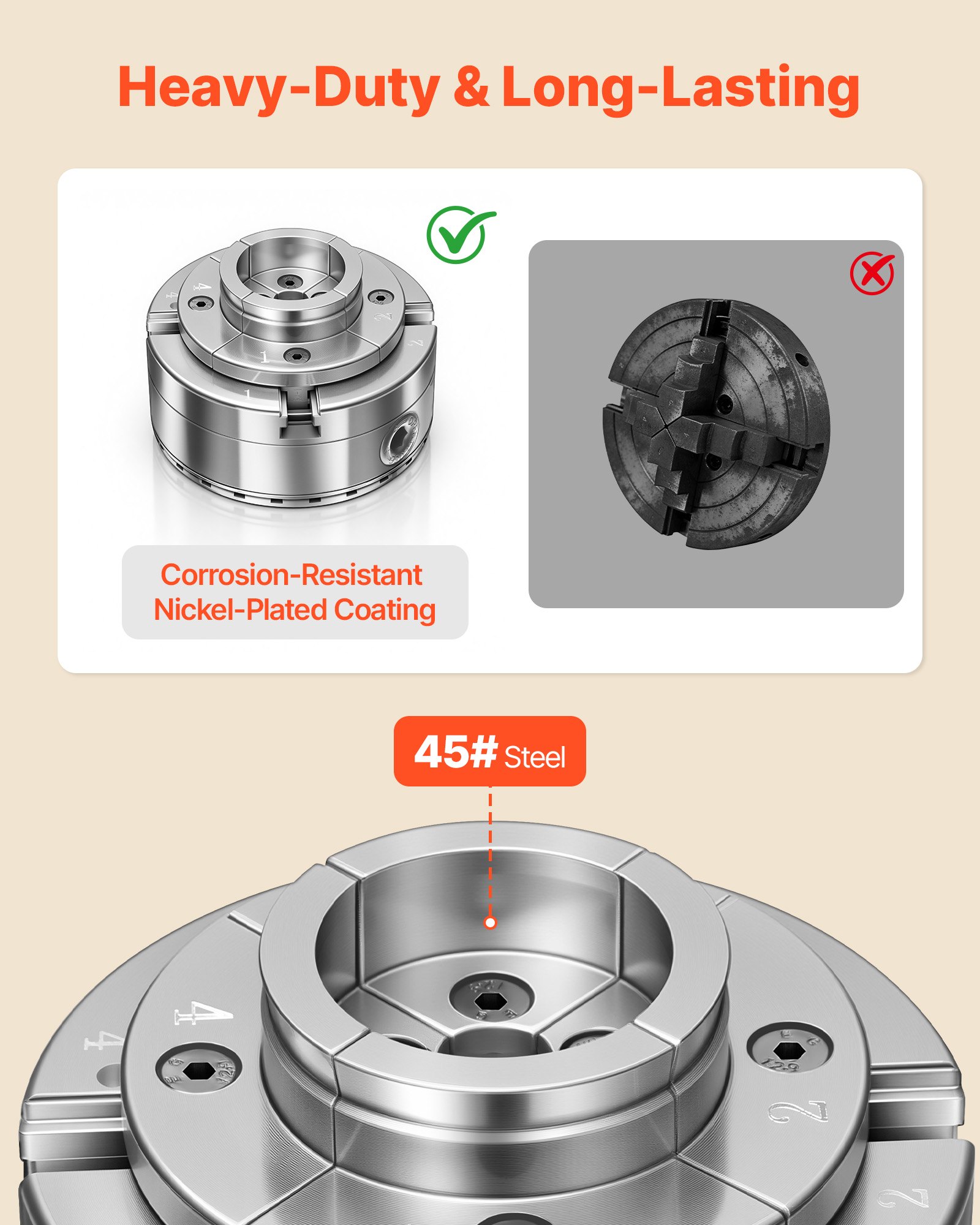 VEVOR 4 Inch Wood Lathe Chuck, 4-Jaw, Self-Centering Wood Turning Chuck Set with 1" x 8TPI Thread & Adapter, Round Jaws, Step Jaws, Thickened Nickel-Plated, High-Hardness Steel, for Woodworking Lathe