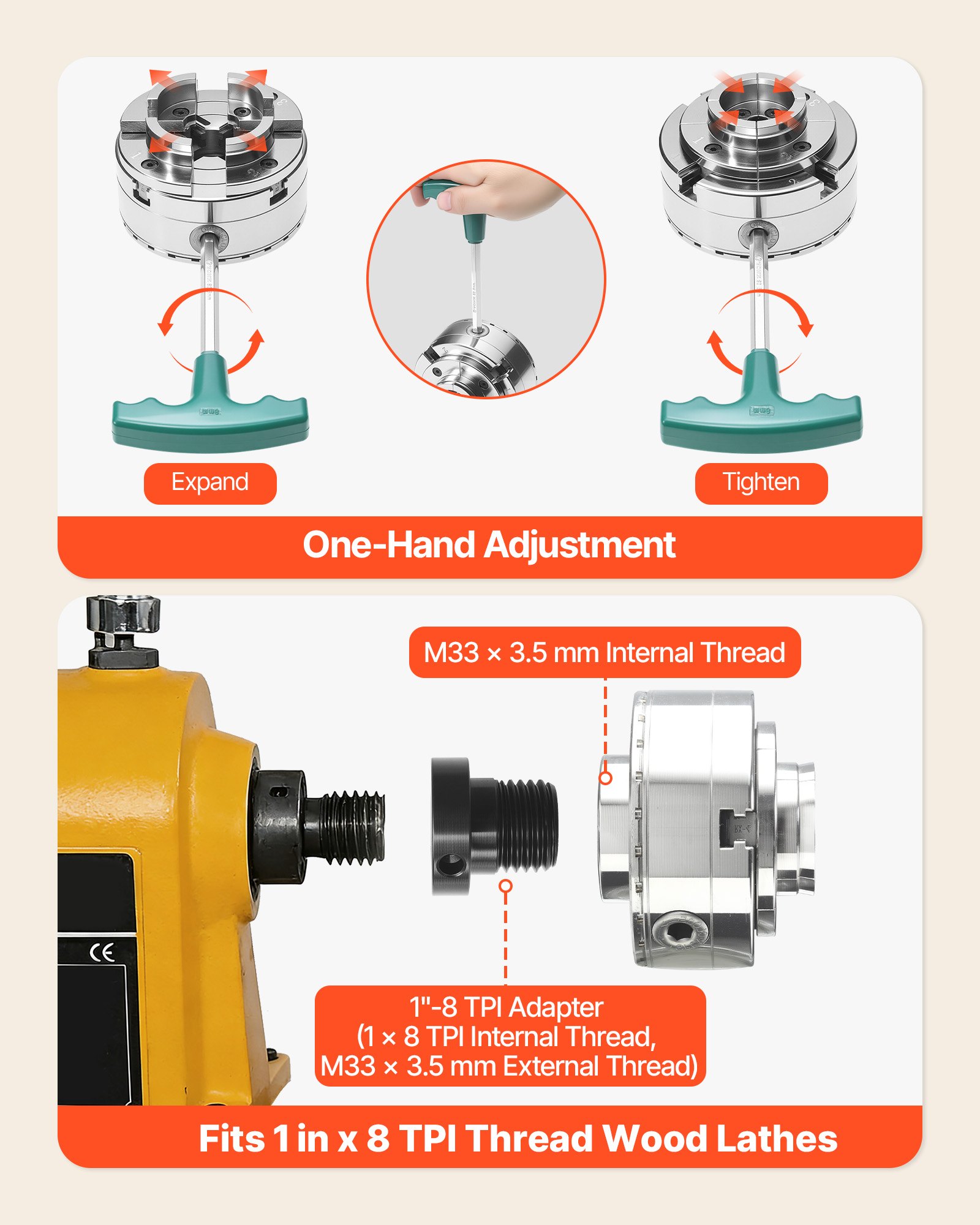 VEVOR 4 Inch Wood Lathe Chuck, 4-Jaw, Self-Centering Wood Turning Chuck Set with 1" x 8TPI Thread & Adapter, Round Jaws, Step Jaws, Thickened Nickel-Plated, High-Hardness Steel, for Woodworking Lathe