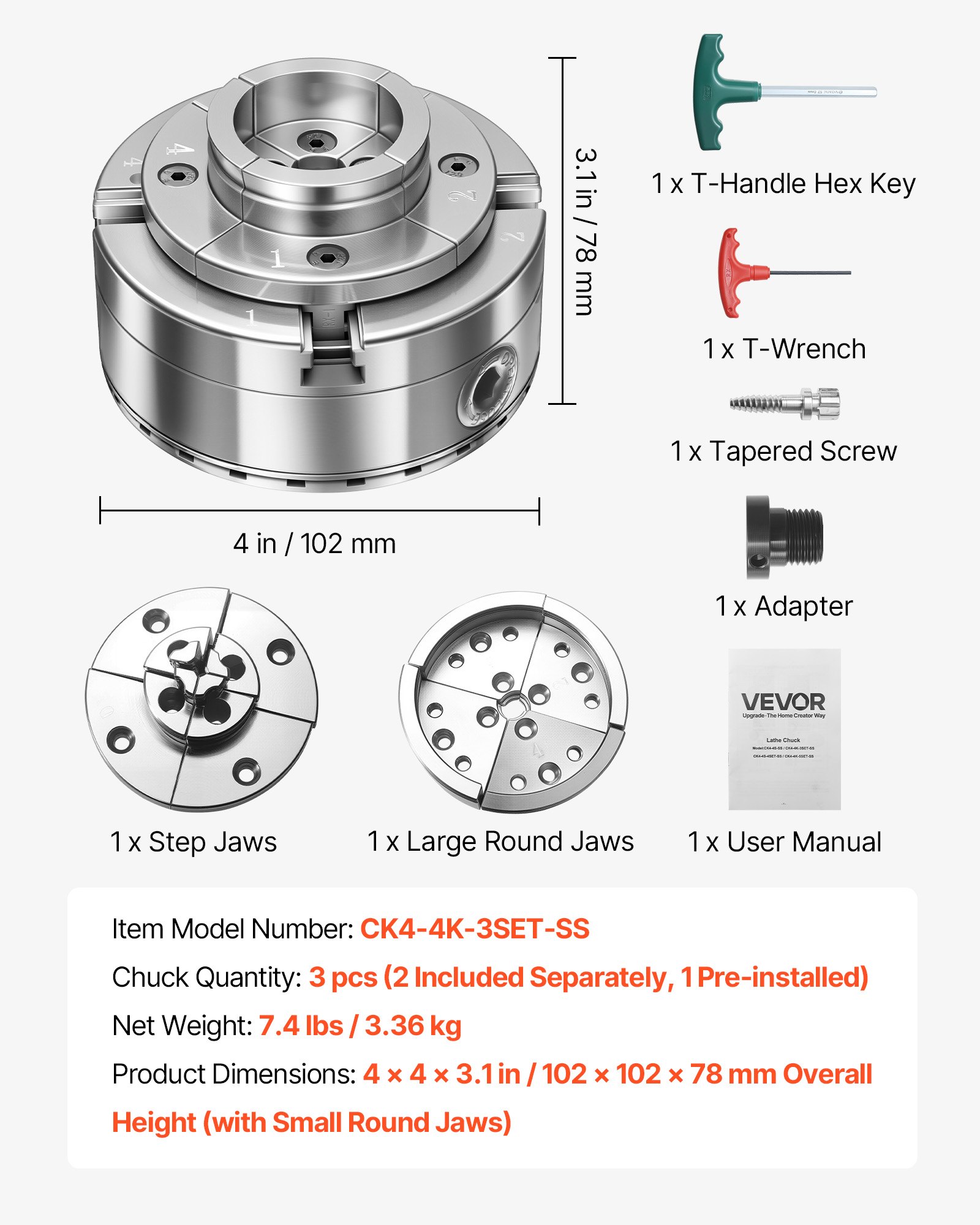 VEVOR 4 Inch Wood Lathe Chuck, 4-Jaw, Self-Centering Wood Turning Chuck Set with 1" x 8TPI Thread & Adapter, Round Jaws, Step Jaws, Thickened Nickel-Plated, High-Hardness Steel, for Woodworking Lathe