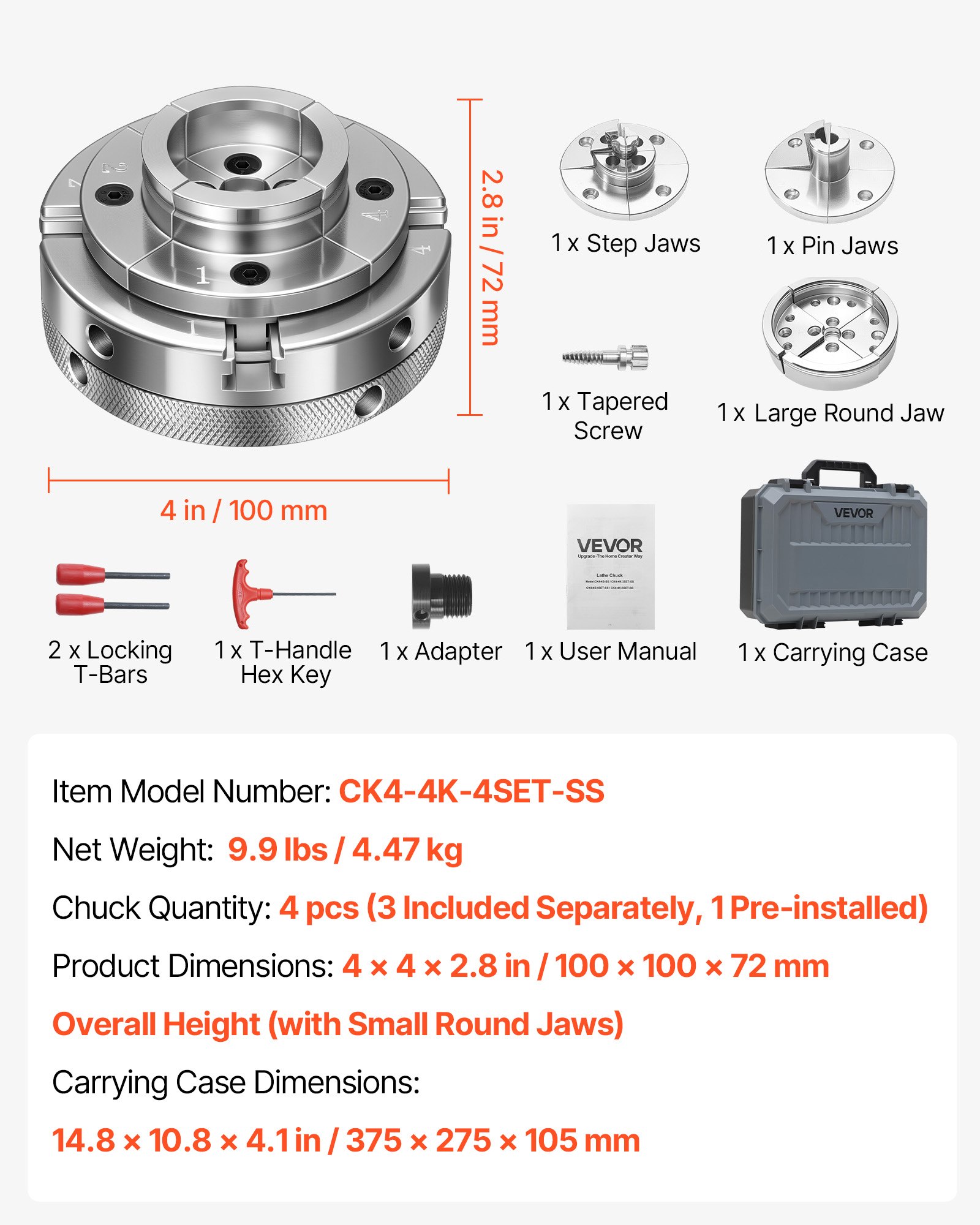 VEVOR 4 Inch Wood Lathe Chuck, 4-Jaw, Self-Centering Wood Turning Chuck Set with 1" x 8TPI Thread & Adapter, 4 PCS Round/Jaws/Pin Jaws, Case, Nickel-Plated, High-Hardness Steel, for Woodworking Lathe
