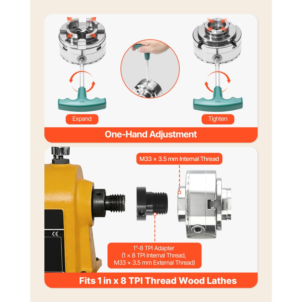 VEVOR 4 Inch Wood Lathe Chuck, 4-Jaw, Self-Centering Wood Turning Chuck Set with 1" x 8TPI Thread & Adapter, 5 PCS Jaws Round/Flat/Step/Pin, Carry Case, Nickel-Plated Finish, for Woodworking Lathe