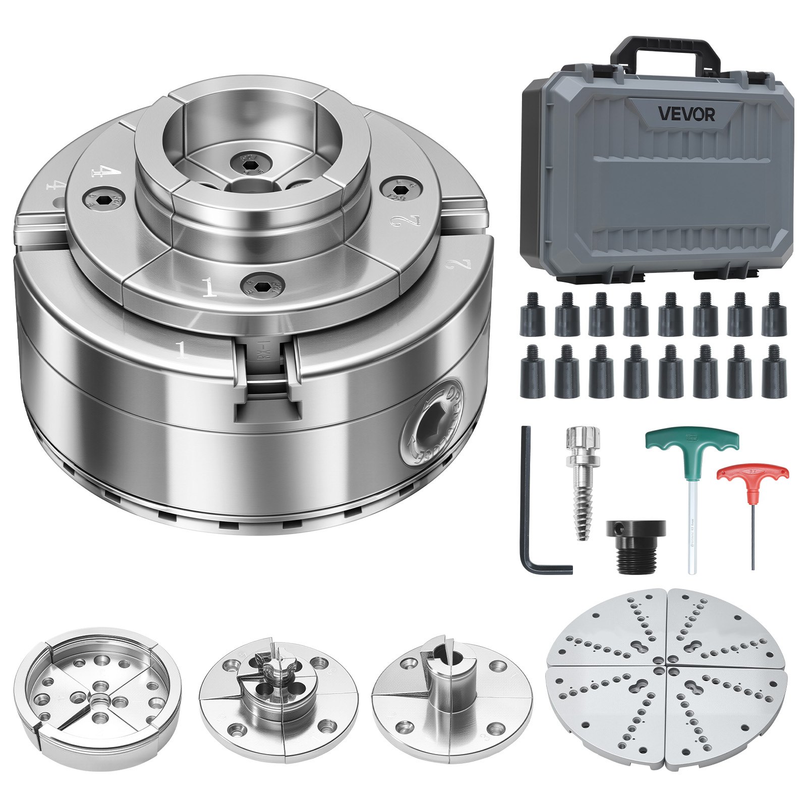 VEVOR 4 Inch Wood Lathe Chuck, 4-Jaw, Self-Centering Wood Turning Chuck Set with 1" x 8TPI Thread & Adapter, 5 PCS Jaws Round/Flat/Step/Pin, Carry Case, Nickel-Plated Finish, for Woodworking Lathe
