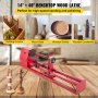 VEVOR wood lathe with examples of building columns, wood vases, dishes, and candlesticks.