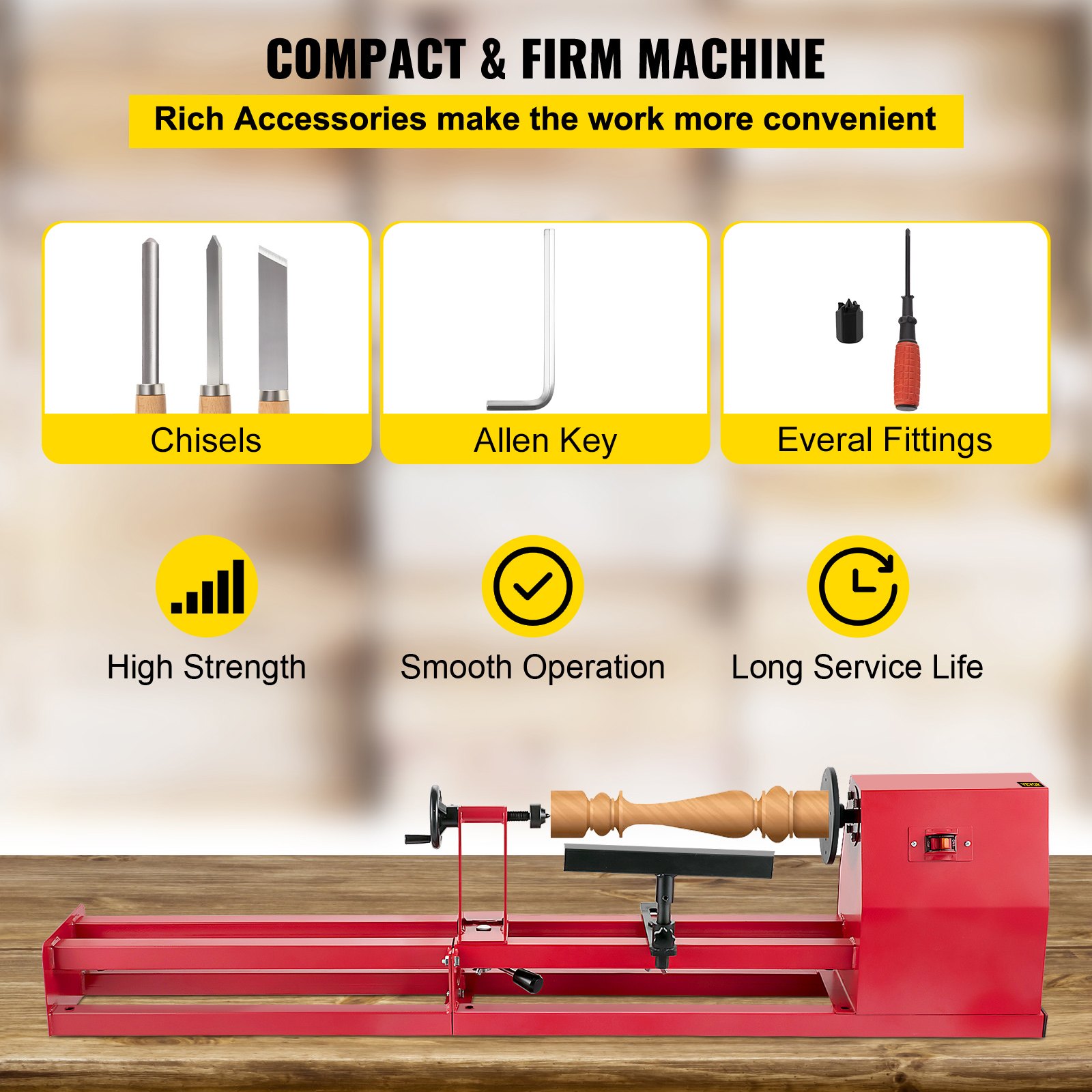 VEVOR Wood Lathe, 14" x 40", Power Wood Turning Lathe 1/2HP 4 Speed 1100/1600/2300/3400RPM, Benchtop Wood Lathe with 3 Chisels Perfect for High Speed Sanding and Polishing of Finished Work