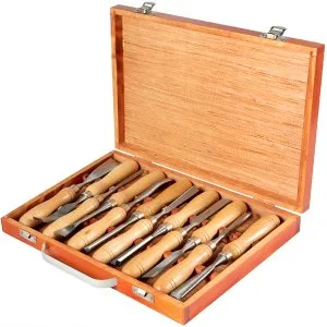 VEVOR 12-Piece Wood Lathe Chisel Set, 3.75 Blade, Woodworking Carving Tools with Wooden Case for Furniture Root Crafting