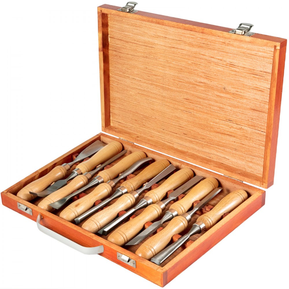 wooden box with VEVOR woodworking lathe chisel set, containing 8 chisels.