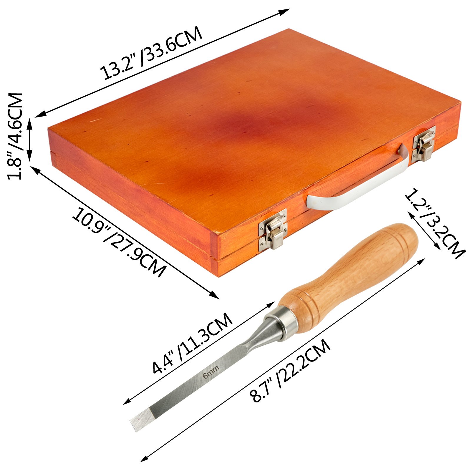VEVOR woodworking lathe chisel set with measurements and wooden storage case.