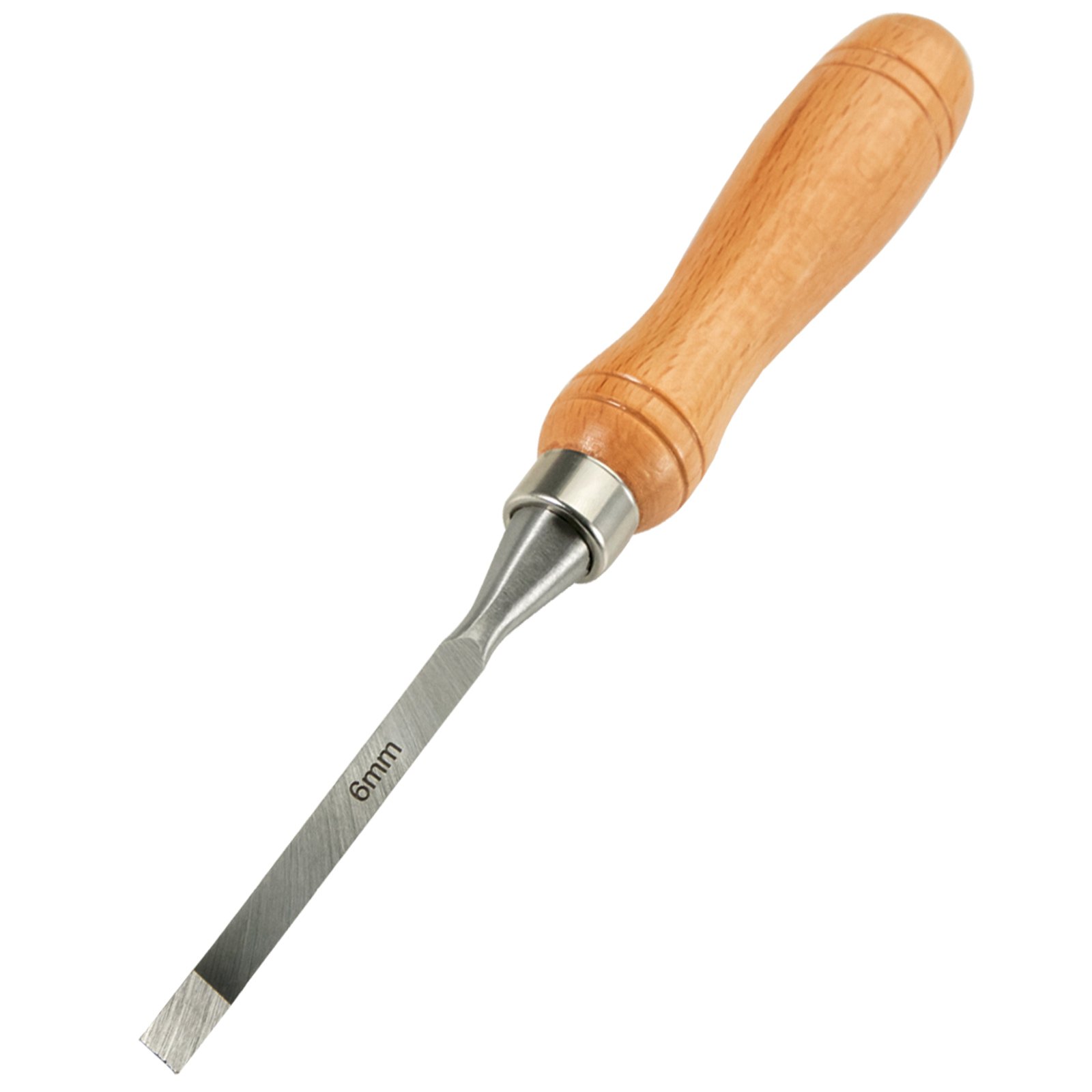 wood chisel with wooden handle and 6mm steel blade from VEVOR woodworking lathe chisel set.