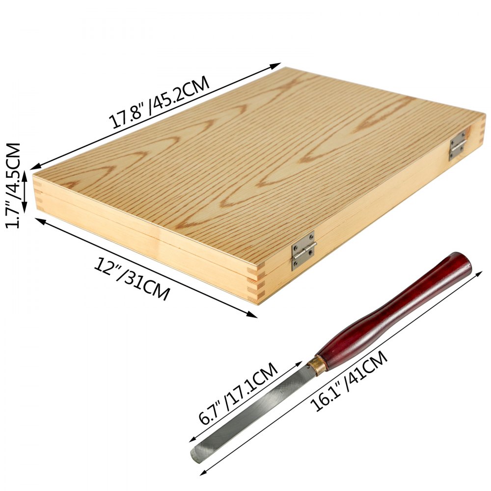 VEVOR woodworking lathe chisel set in wooden box, dimensions annotated.