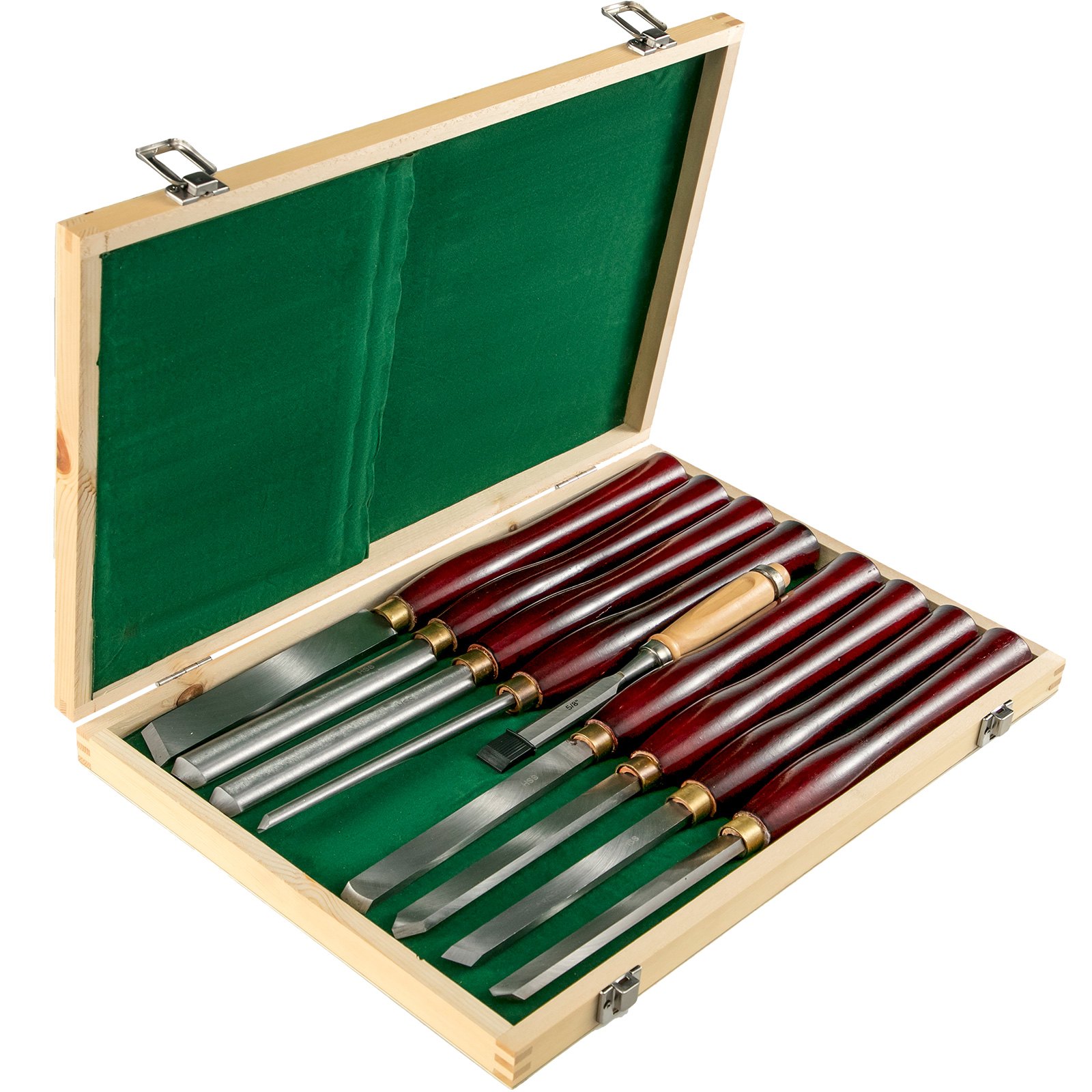 VEVOR woodworking lathe chisel set in wooden box with green interior.
