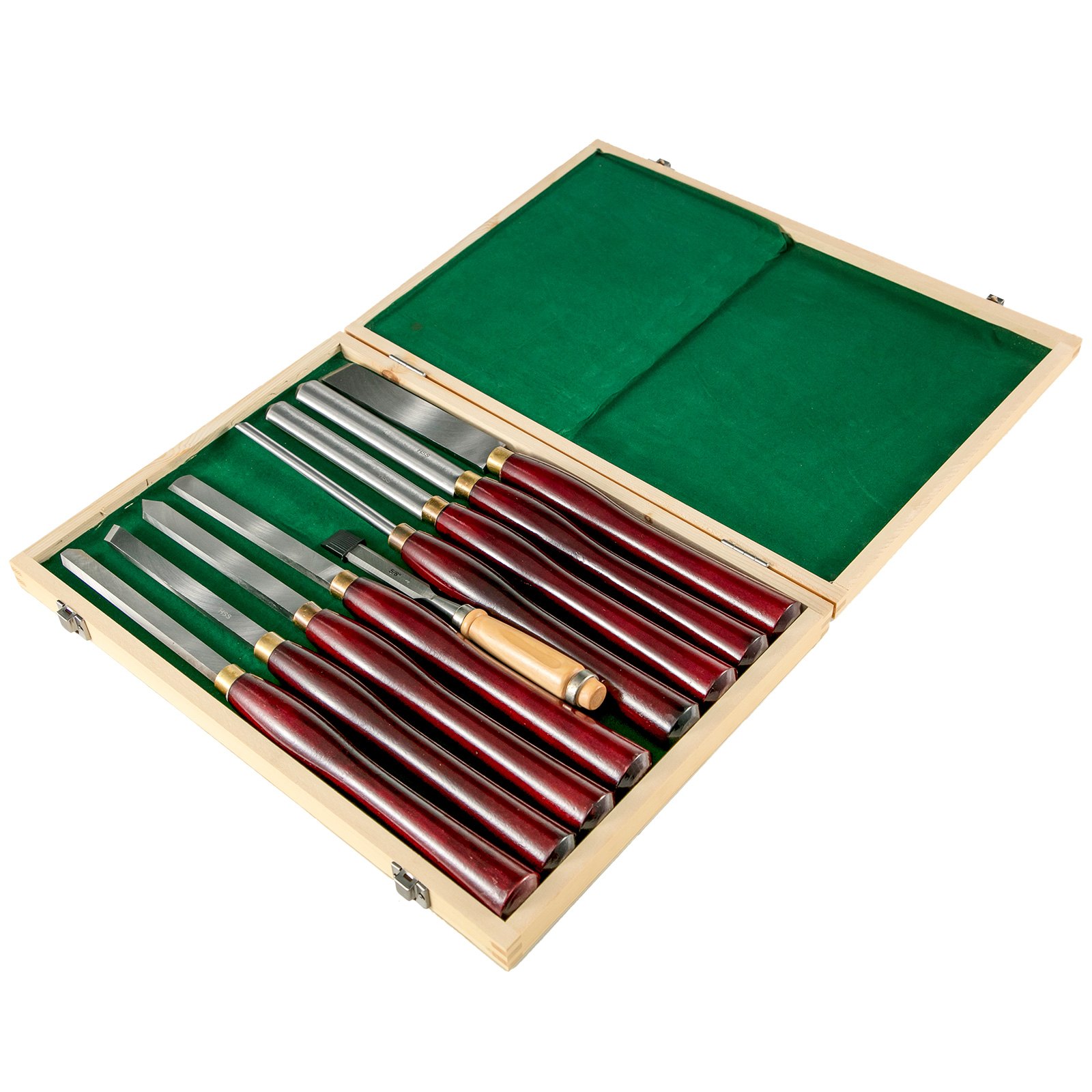 VEVOR woodworking lathe chisel set in wooden box with green interior.