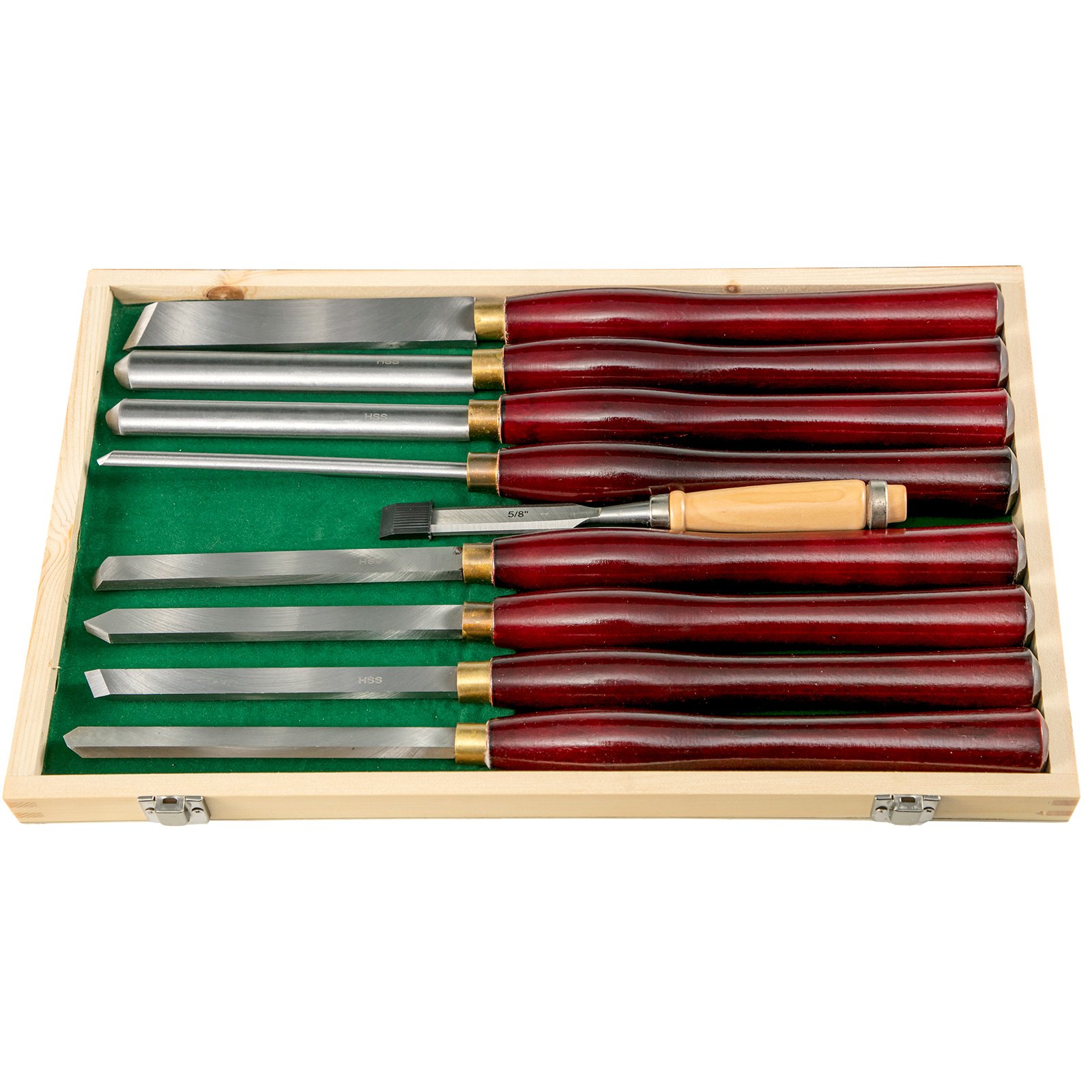 VEVOR woodworking lathe chisel set in a wooden case with green lining.