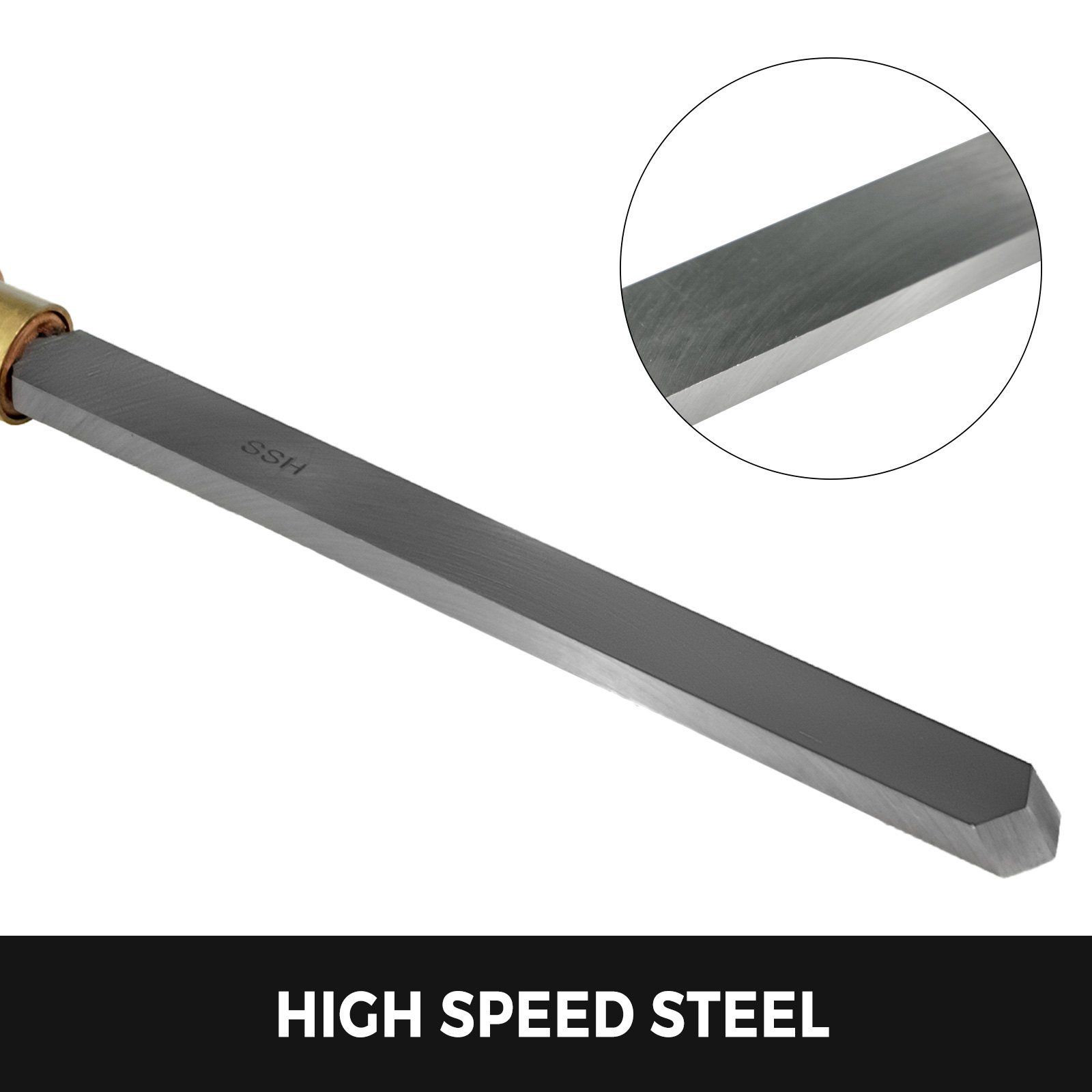 VEVOR woodworking lathe chisel set high-speed steel chisel close-up with zoomed tip.