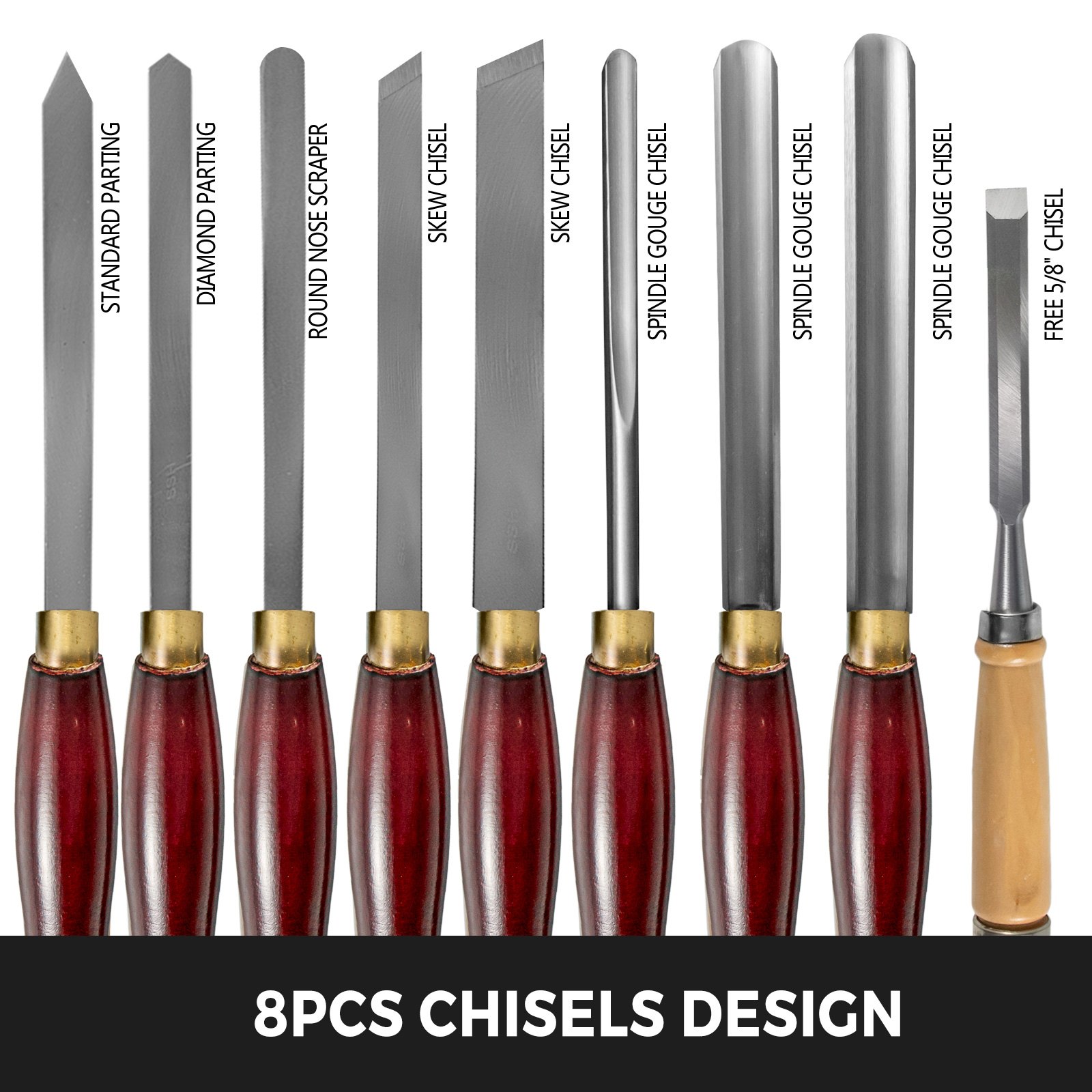 VEVOR woodworking lathe chisel set with 8 pcs, showcasing various chisel types.