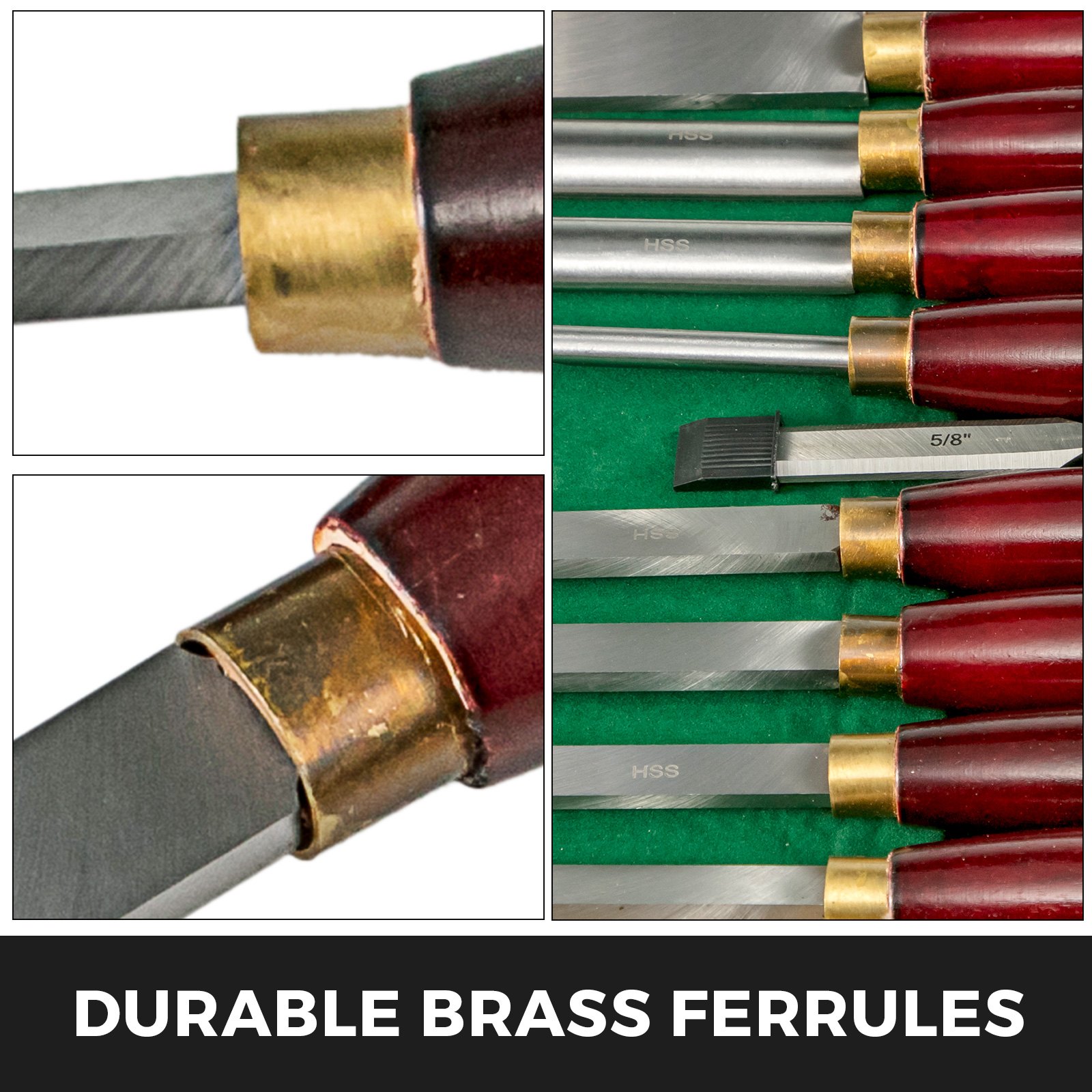 VEVOR woodworking lathe chisel set with durable brass ferrules on green background.