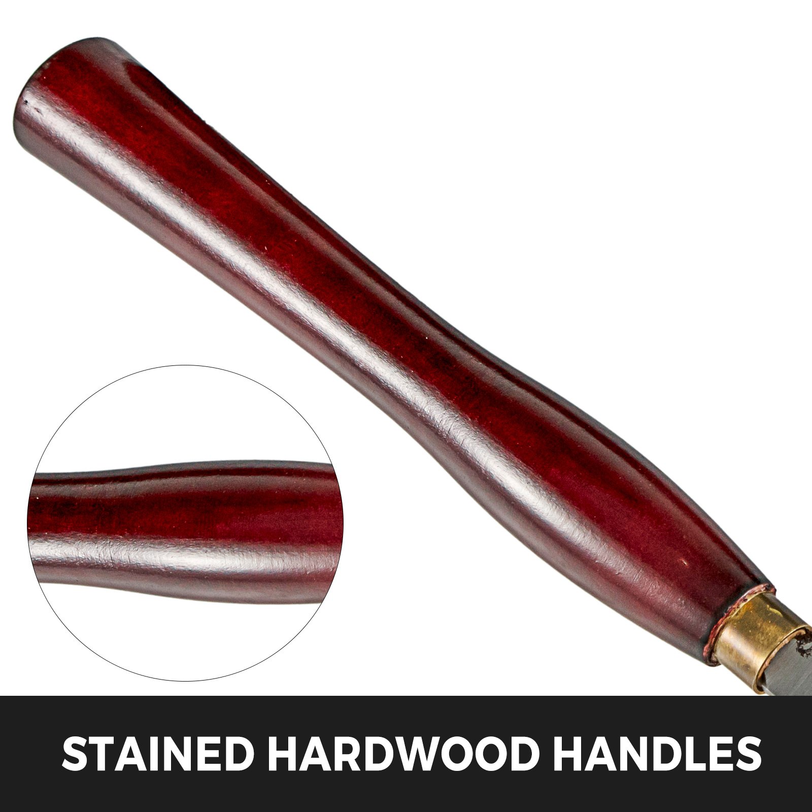 VEVOR woodworking lathe chisel set with stained hardwood handles.