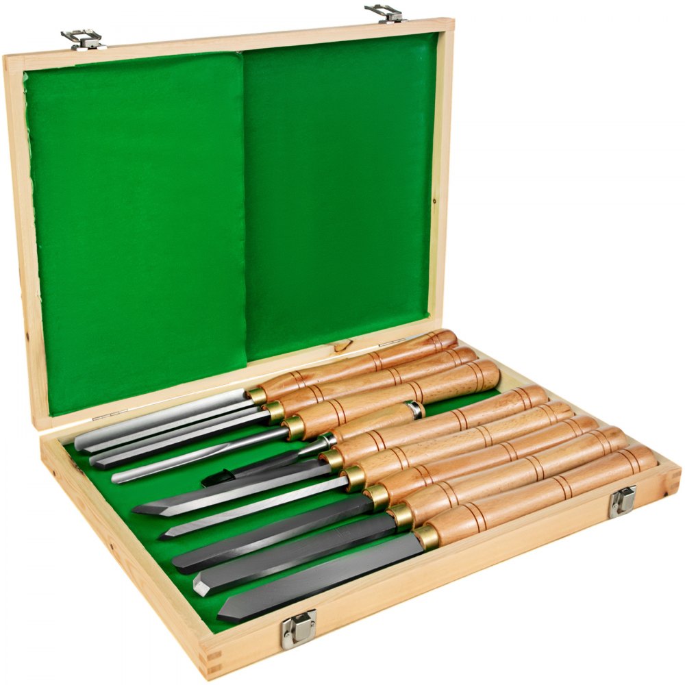 VEVOR woodworking lathe chisel set in a wooden box with green lining.