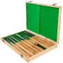 wooden box of VEVOR woodworking lathe chisel set with green interior lining.