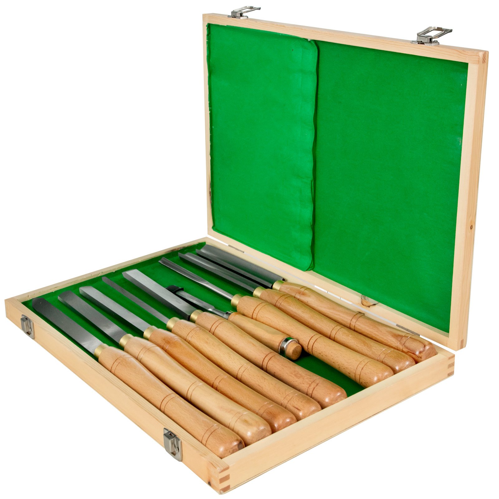 wooden box of VEVOR woodworking lathe chisel set with green interior lining.