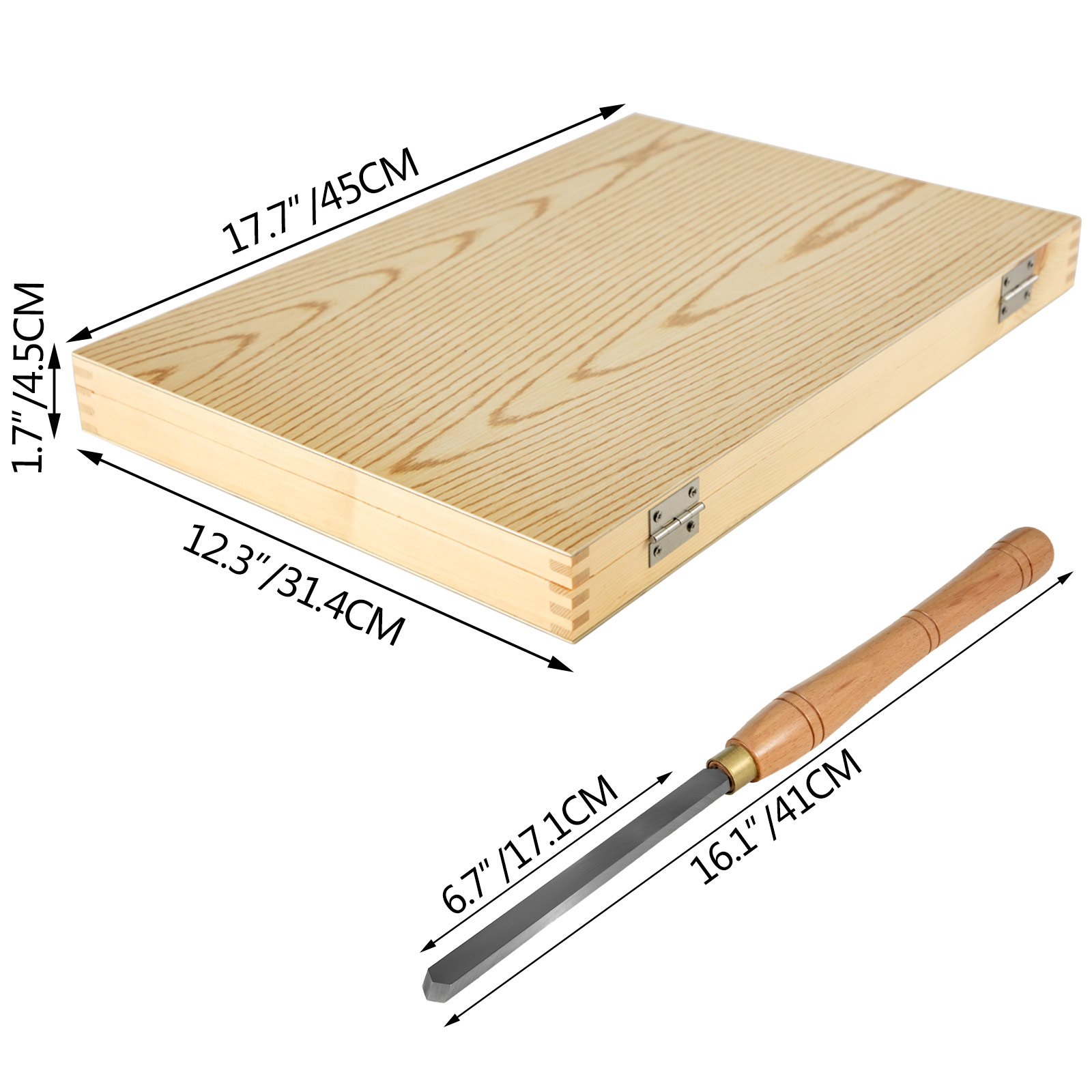 VEVOR woodworking lathe chisel with dimensions of box and tool detailed in cm and inches.