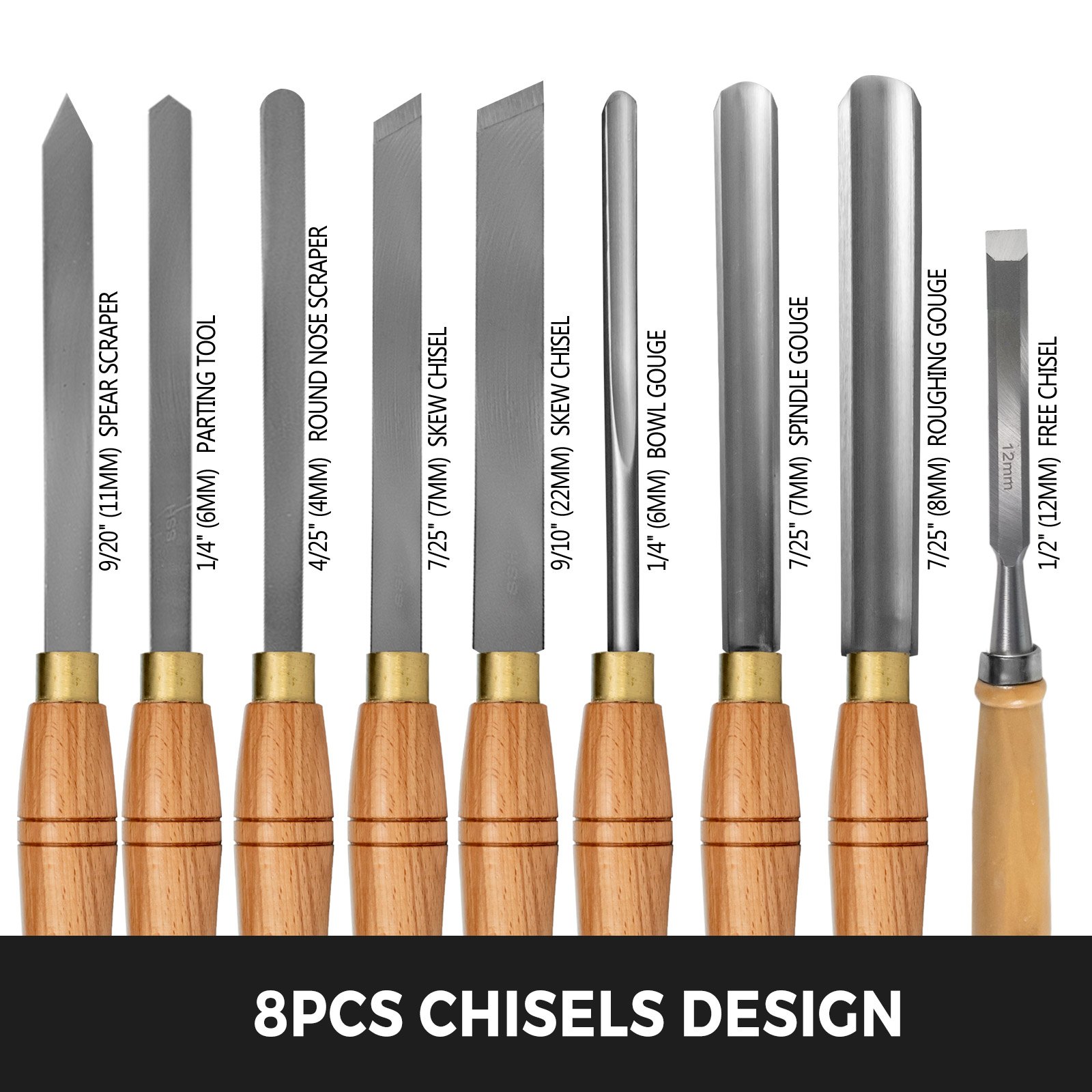 VEVOR Lathe Chisel 8 Piece Wood Lathe Chisel Cutting Carving HSS Steel Blades Wood Turning Tools Lathe Chisel Set for Storage for Wood Turning Hardwood One Free Chisel