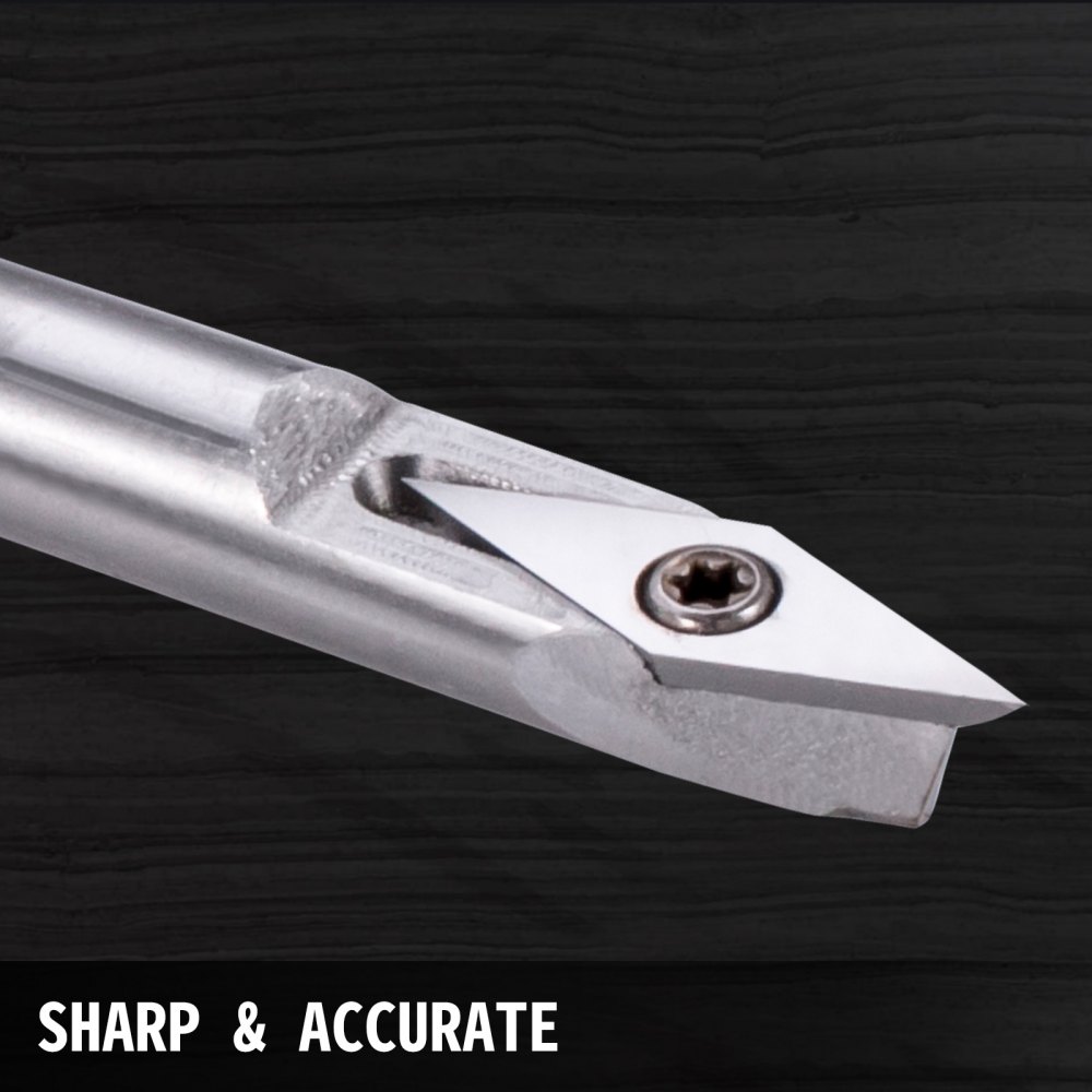VEVOR wood turning tools sharp steel blade against dark wooden background.