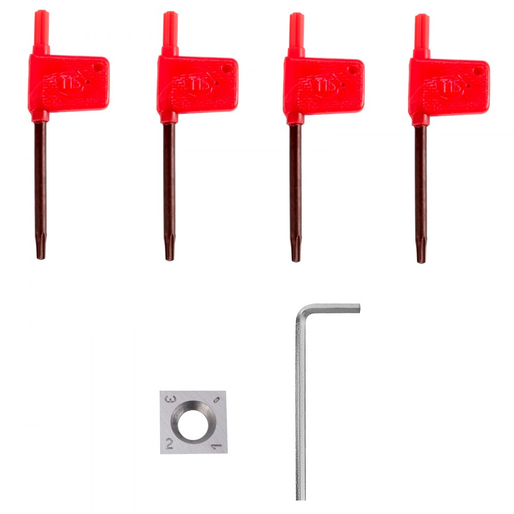 four red-handled tools, square metal cutter, and an l-shaped hex key. VEVOR wood turning tools.