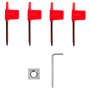 four red-handled tools, square metal cutter, and an l-shaped hex key. VEVOR wood turning tools.