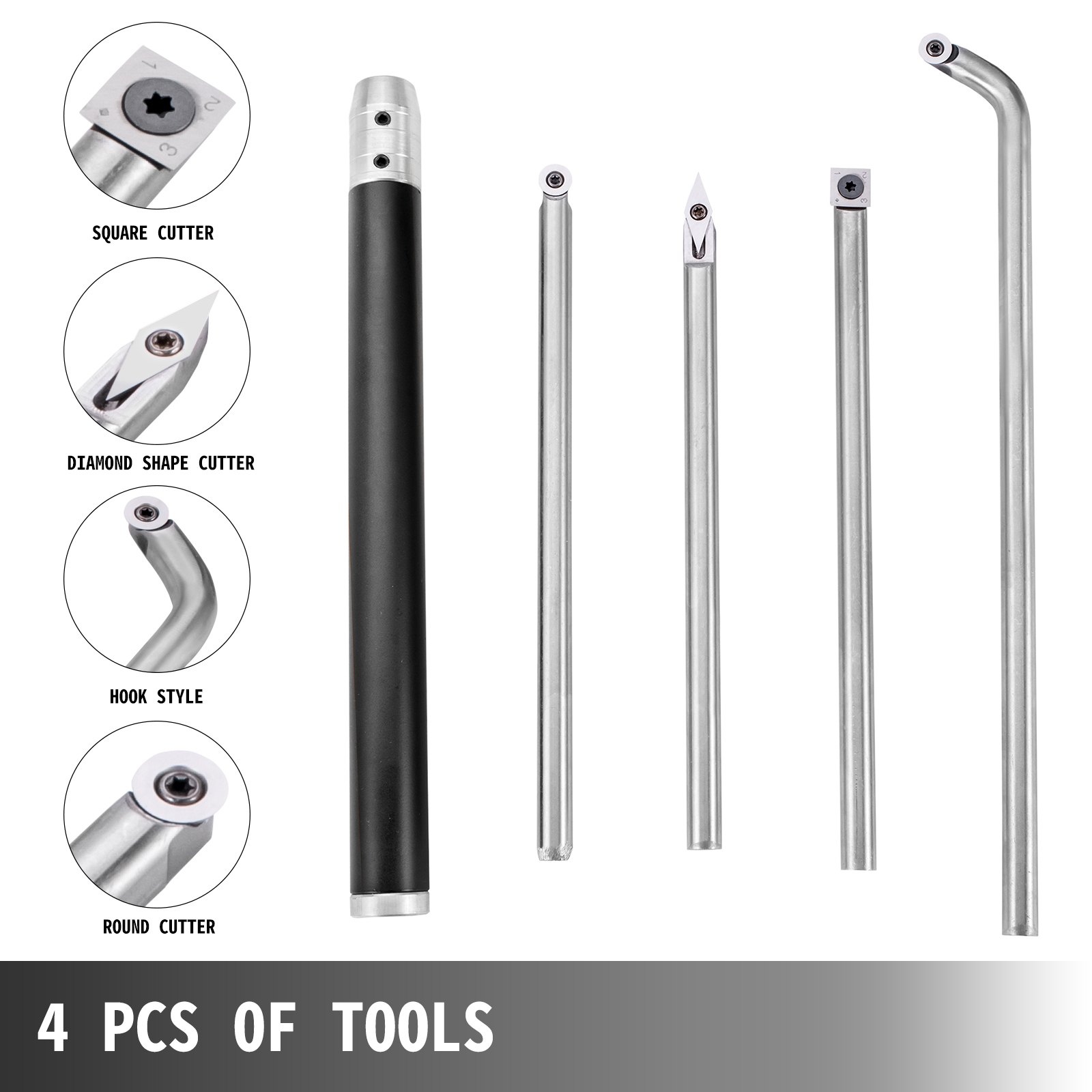 VEVOR wood turning tools, 4 pcs, includes square, diamond, hook, and round cutters.