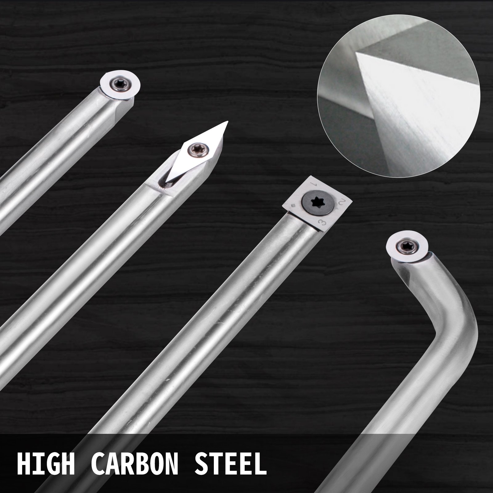 VEVOR wood turning tools made of high carbon steel on black background.