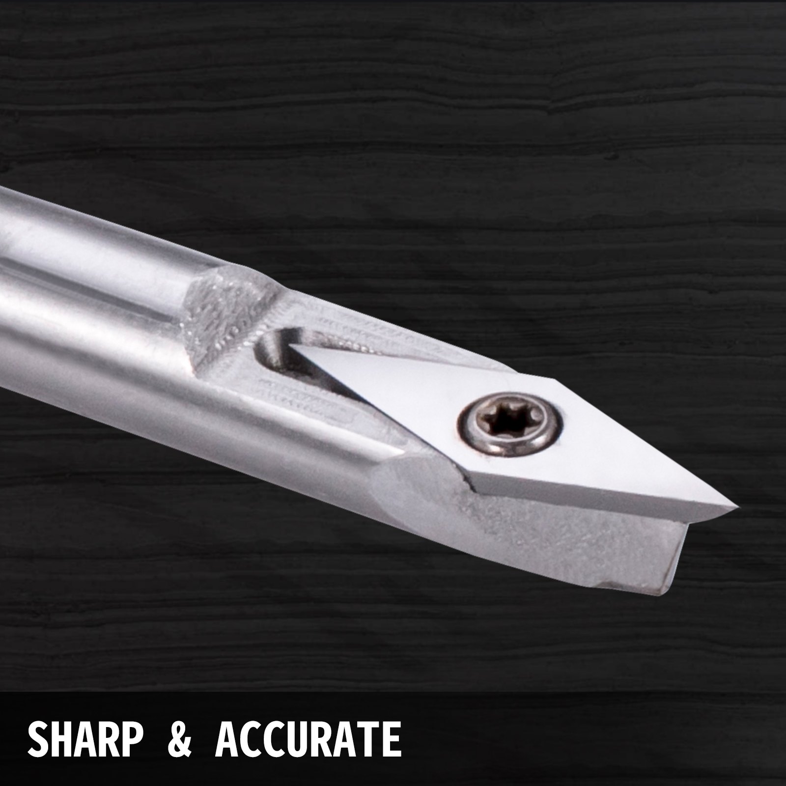 VEVOR wood turning tools sharp steel blade against dark wooden background.